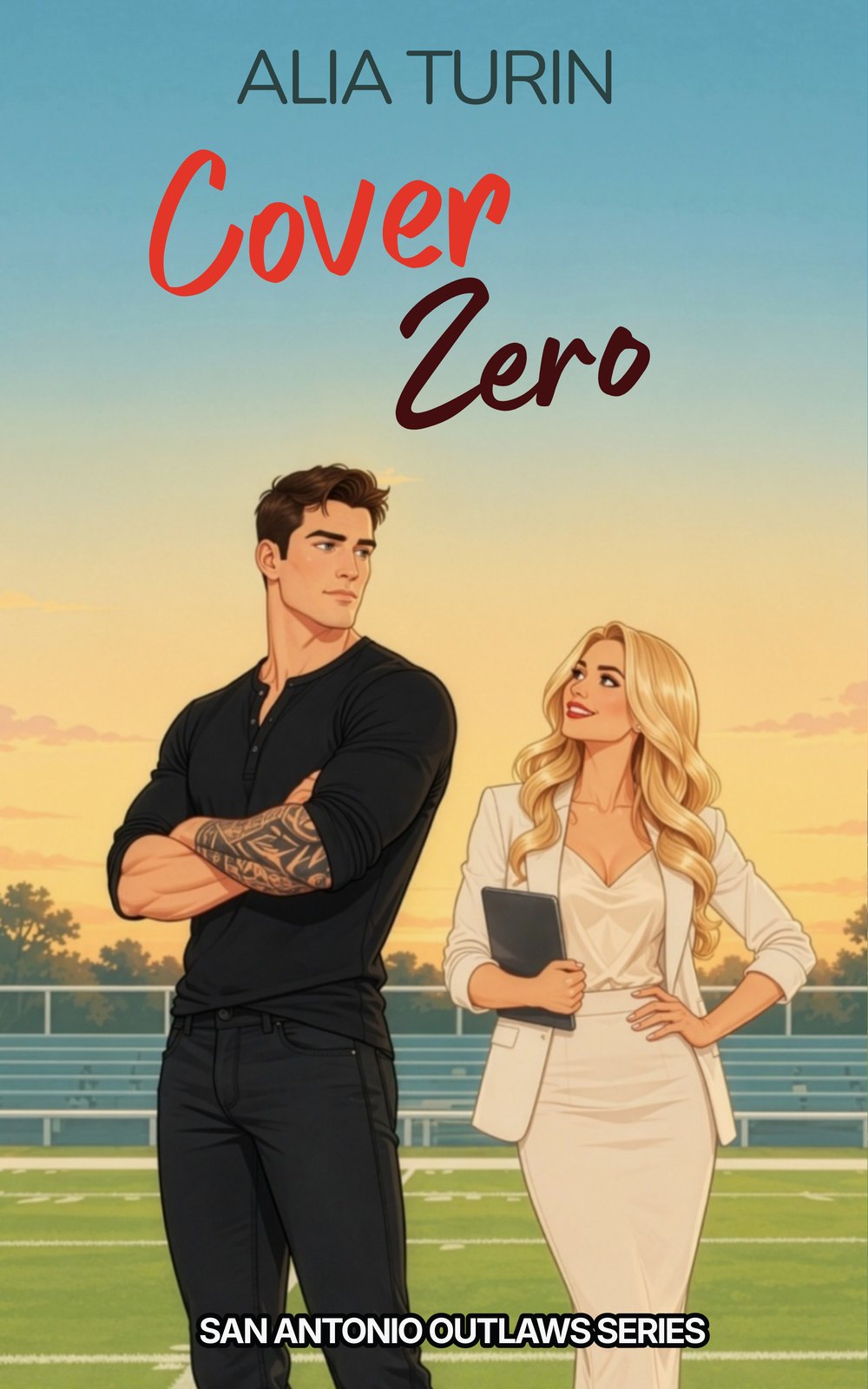 Cover Zero book cover — a tattooed tight end in black and a PR consultant in a cream skirt facing each other on a football field at golden hour